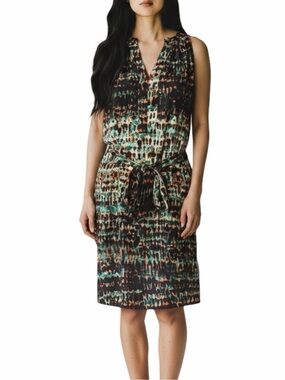 Charlie Jade Black Teal Rust Abstract Sleeveless Tie Waist Dress size XSmall